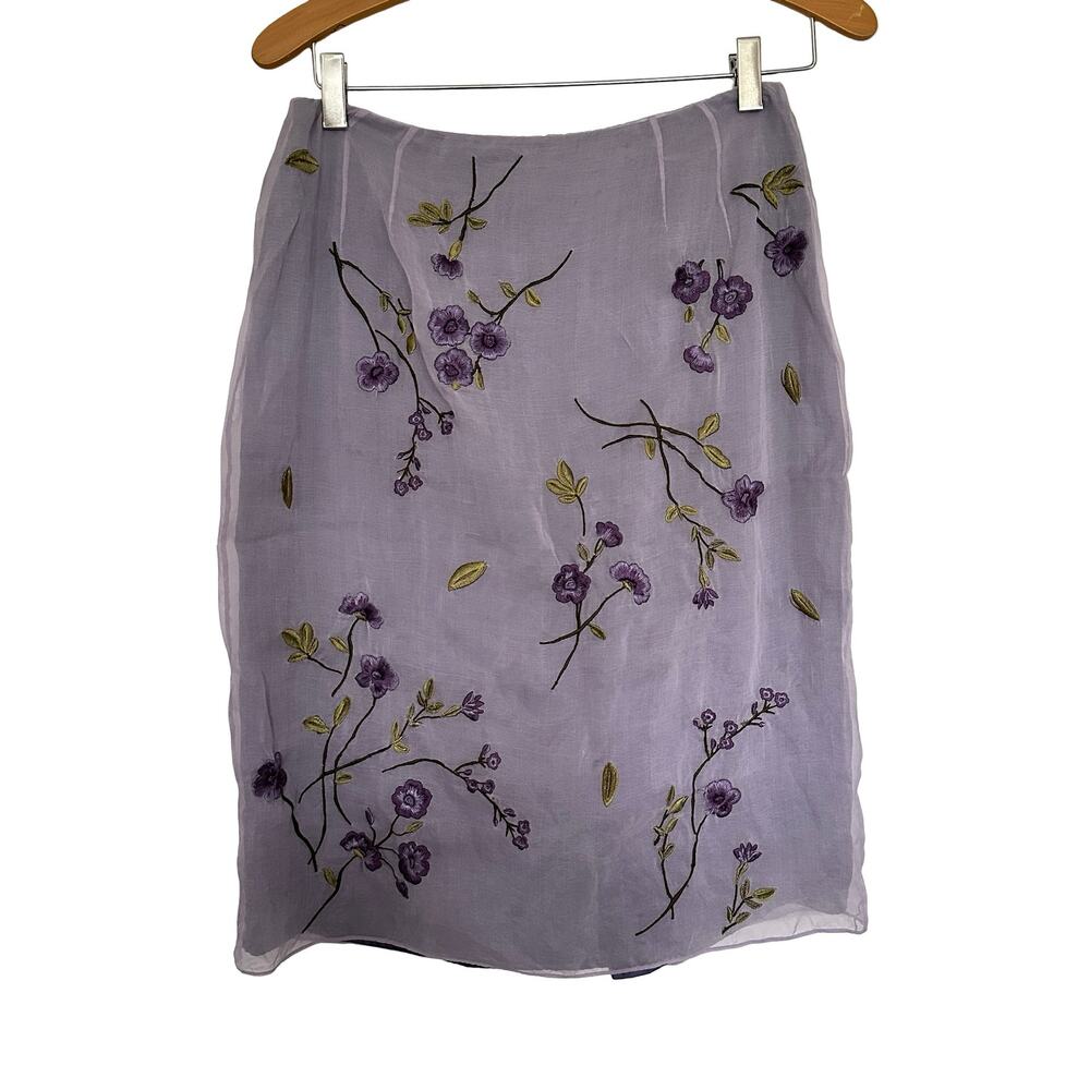 Vintage INC 100% Silk Lavender Midi Skirt Floral Embroidery 90s Cottagecore 10